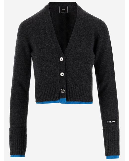 Pinko Black Wool-Cashmere V-Neck Logo Cardigan