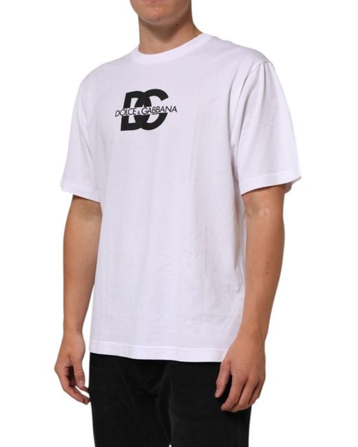 Dolce & Gabbana White Logo Print Cotton Crew Neck T-Shirt for men