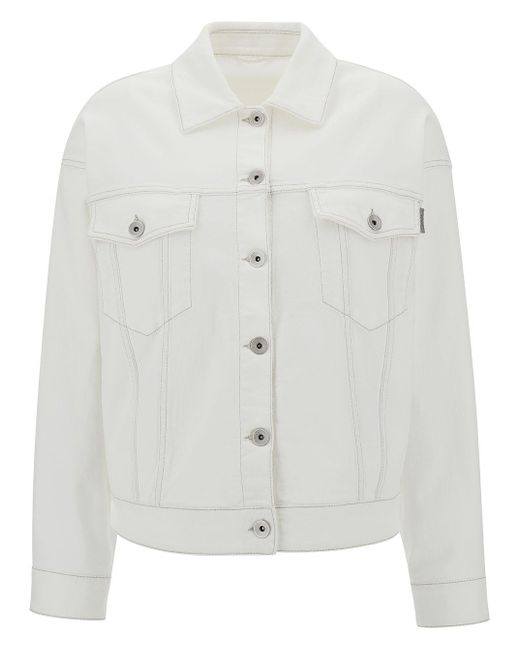 Brunello Cucinelli Gray White Jacket With Buttons And Monile Detail In Stretch Cotton Denim Woman