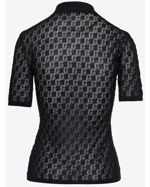 Gucci Black Polo Shirt With Button Closure And Gg Motif