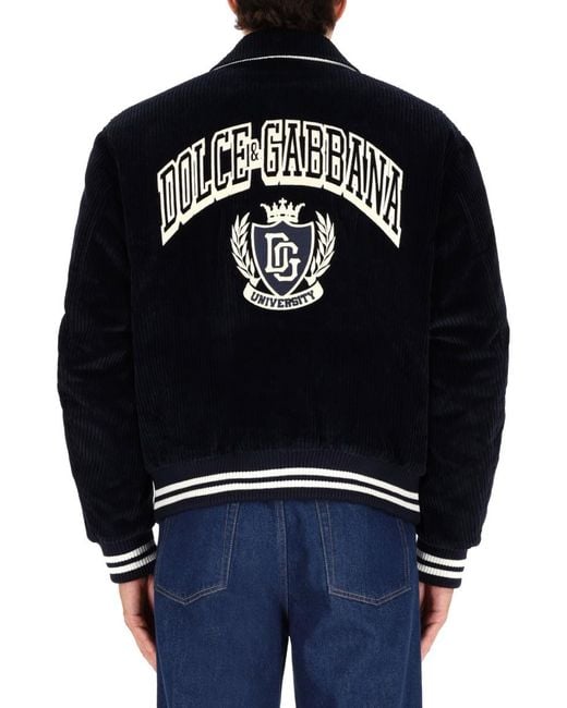 Dolce & Gabbana Blue Corduroy Jacket With Embroidered Logo for men