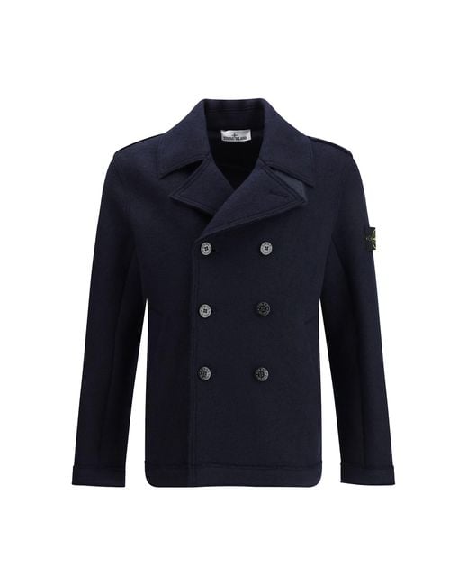 Stone Island Blue Wool Felt Coat for men