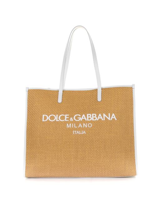 Dolce & Gabbana Natural Large Shopping Bag In Woven Raffia With Logo