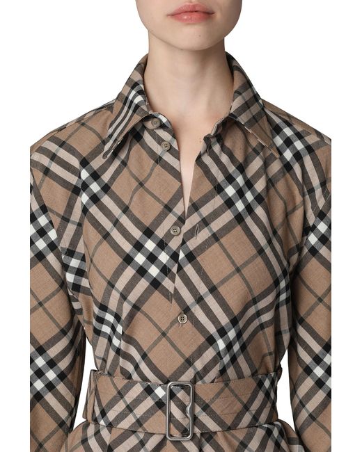 Burberry Multicolor Belted Shirtdress Wool Dress