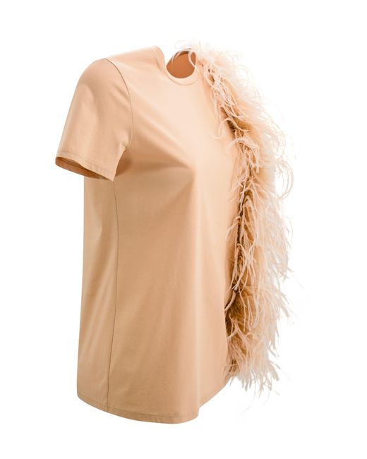 Max Mara Studio Natural Jersey T-Shirt With Feathers