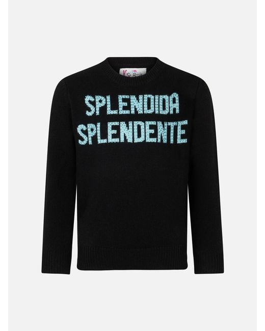 Mc2 Saint Barth Black Crewneck Sweater With Splendida Splendente Rhinestones Print