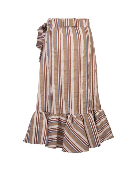 Stella Jean Brown Striped Midi Skirt With Ruffle