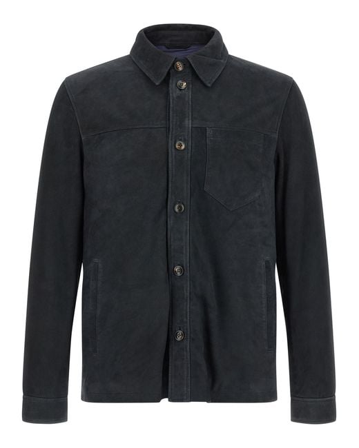 Pal Zileri Black Suede Overshirt Leather Down Jacket, Parka, Casual Jackets for men