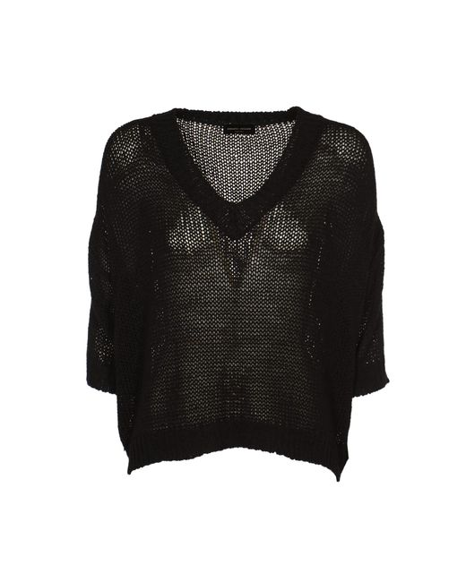 Roberto Collina Black V-Neck Perforated Rib Trim Sweater