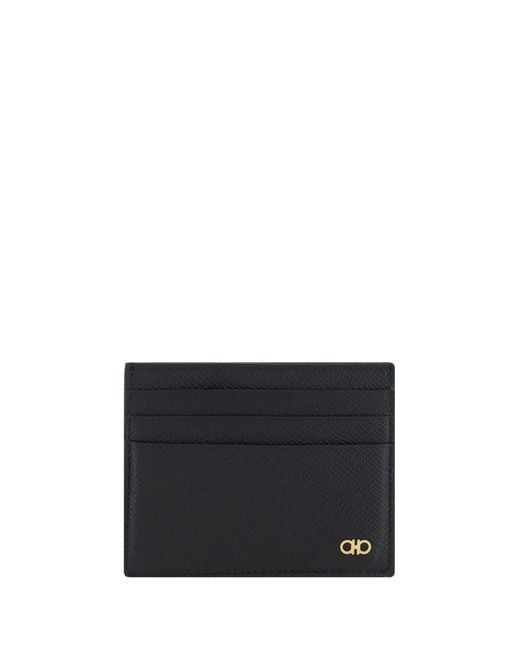 Ferragamo Black Leather Card Holder Calf Bos Taurus Wallet for men