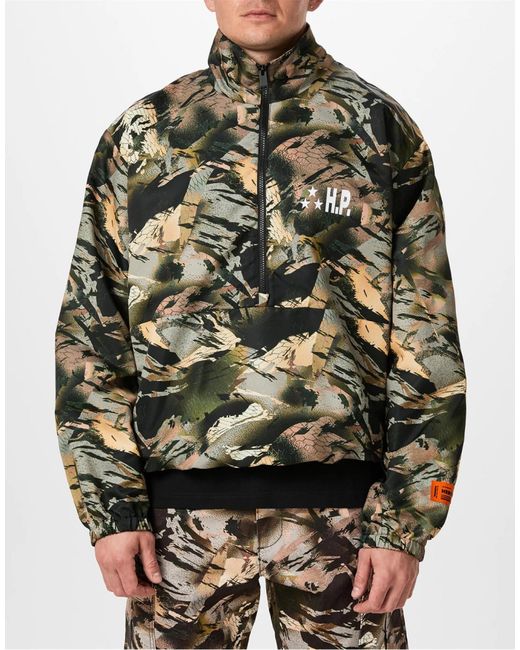 Heron Preston Green Nylon Camo Logo Tape Windbreaker Jacket Clothing Coats for men