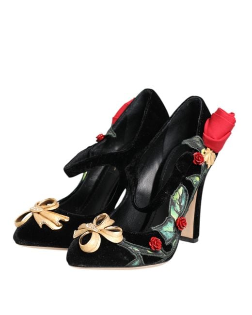 Dolce & Gabbana Black Roses Crystal Brooch Mary Jane Shoes Rayon Silk