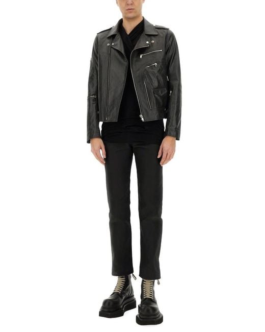 Rick Owens Black Leather Jacket With Cotton And Cupro Lining for men