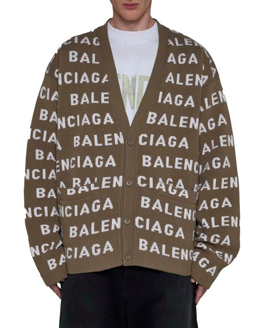 Balenciaga Brown Allover Logo Wool Cardigan for men