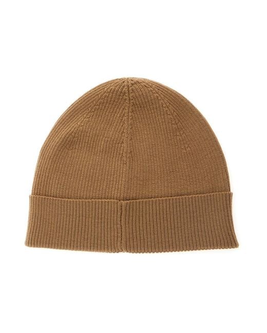 Saint Laurent Brown Knit Beanie With Logo Patch Wool Hat