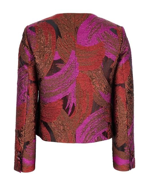 Le Plain Red Fuchsia Collarless Jacket With All-Over Broccato Motif