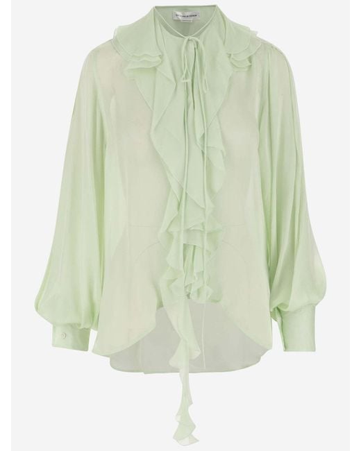 Victoria Beckham Green Silk Shirt With Ruffles