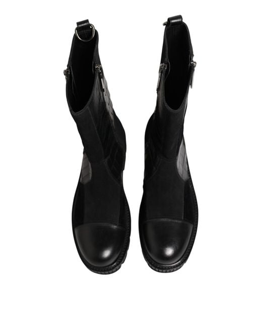 Dolce & Gabbana Black Patchwork Leather Mid Calf Boot Shoes Co+Horse+Crocodile for men