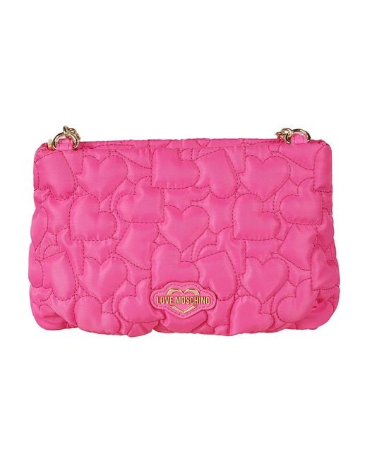 Love Moschino Pink Heart Embroidered Logo Embossed Shoulder Bag