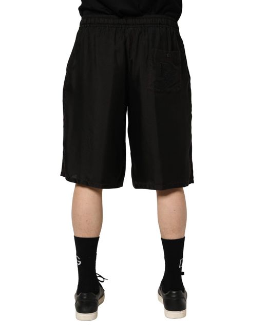 Dolce & Gabbana Black Silk Drawstring Bermuda Shorts for men