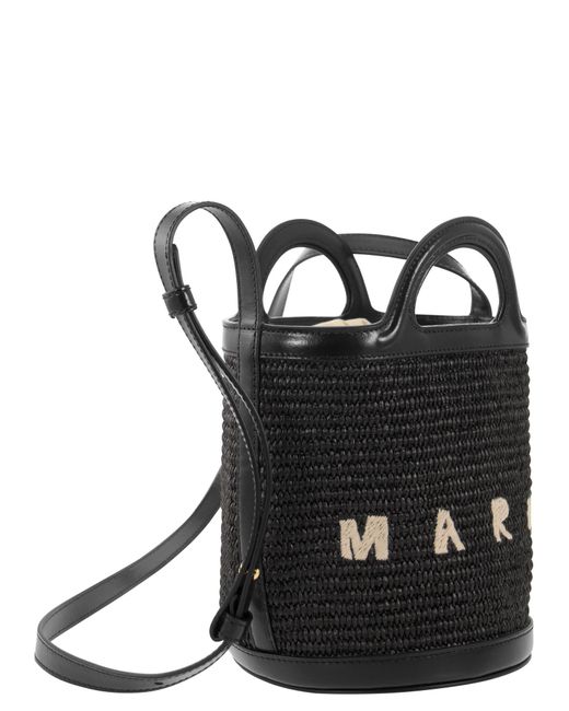 Marni Black Tropicalia Raffia And Calfskin Bucket Bag