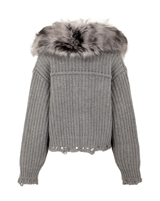 Blumarine Gray Cardigan With Fur Collar, Wool Cardigans