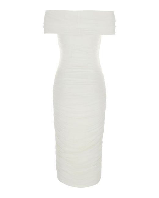 Norma Kamali White Dress With Square Neck And Ruching Polyester