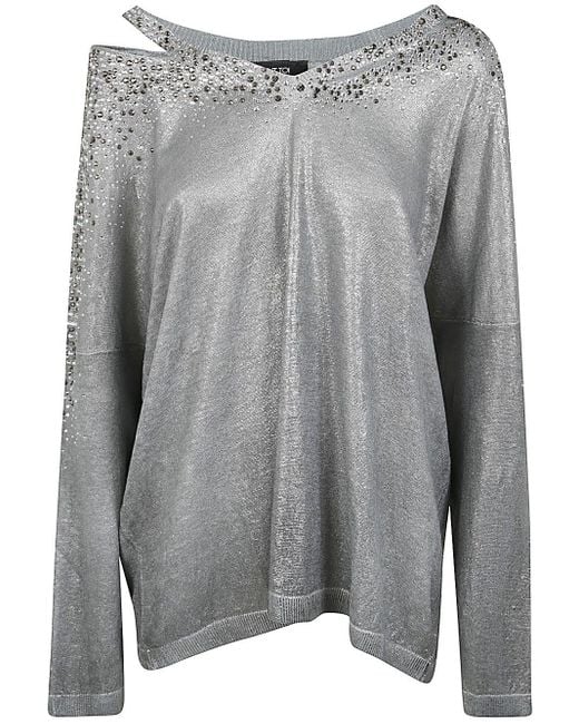 Avant Toi Gray Linen Cotton V-Neck Pullover With Lamination And Strass