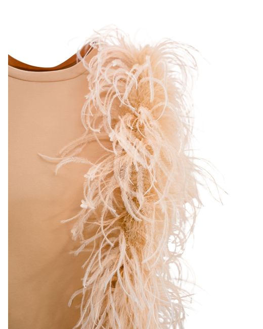 Max Mara Studio Natural Jersey T-Shirt With Feathers