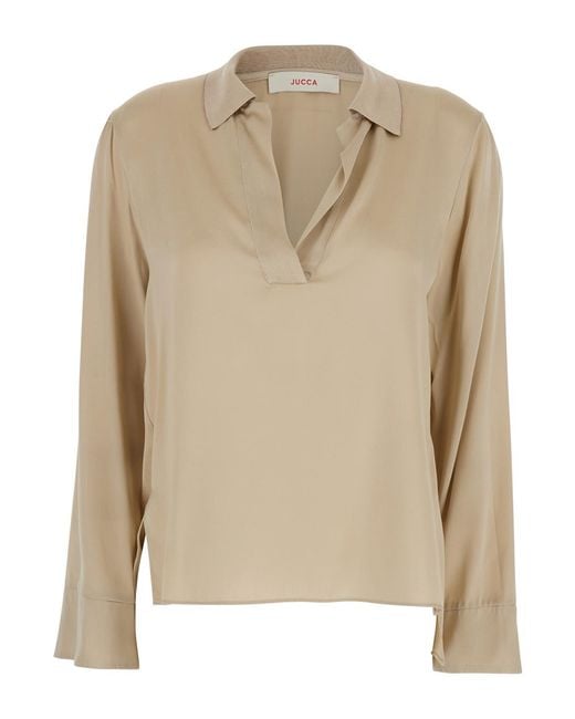 Jucca Natural V-Neck Blouse With Polo Collar For Shirts And Blouses