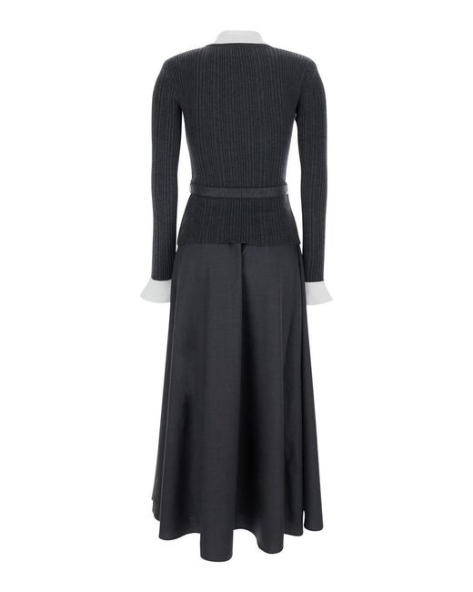 Self-Portrait Black Long Dress With V-Neck Tech Fabric And Cotton