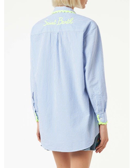Mc2 Saint Barth Blue Seersucket Cotton Shirt With Saint Barth Embroidery
