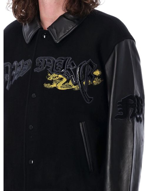 AWAKE NY Black Dragon Embroidered Varsity Jacket for men