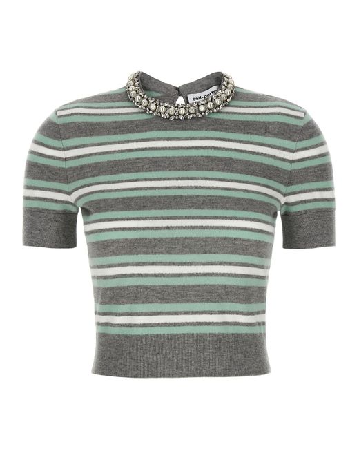 Self-Portrait Green Striped Crystal Trim Knit' Sweater