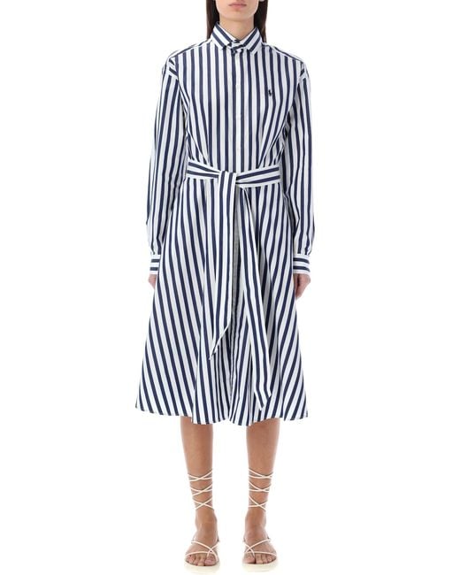 Polo Ralph Lauren Blue Striped Cotton Belted Shirtdress