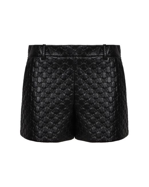 Gucci Black Leather High-Waist Embossed Shorts