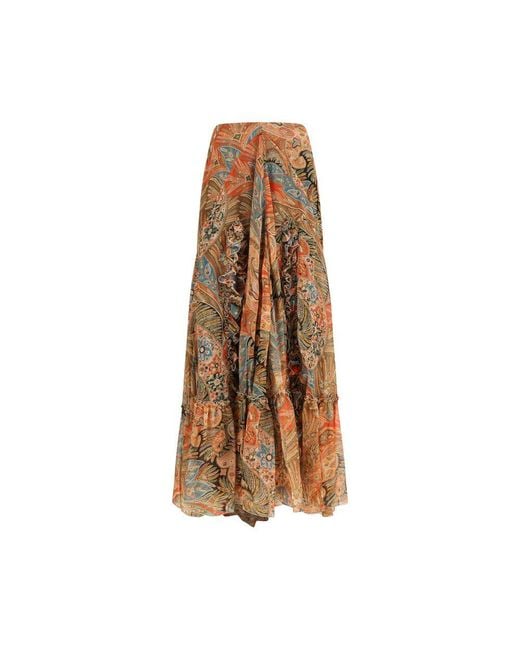 Etro Brown Multicolor Silk Long Skirt