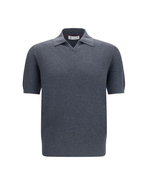 Brunello Cucinelli Blue Cotton Ribbed Polo Shirts for men