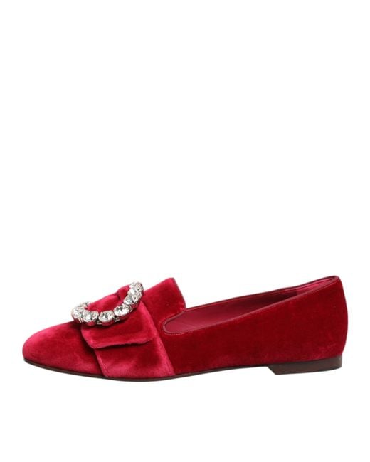 Dolce & Gabbana Red Velvet Loafers Rhinestone Buckle