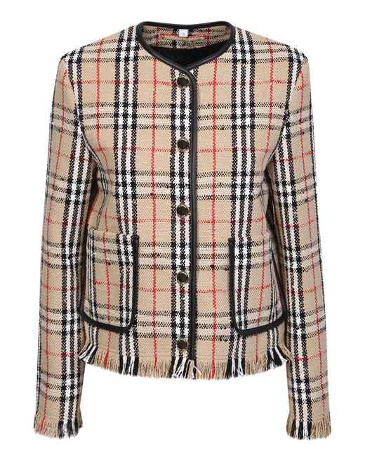 Burberry Multicolor Vintage Check Boucle Collarless Leather-trim Wool-blend Jacket