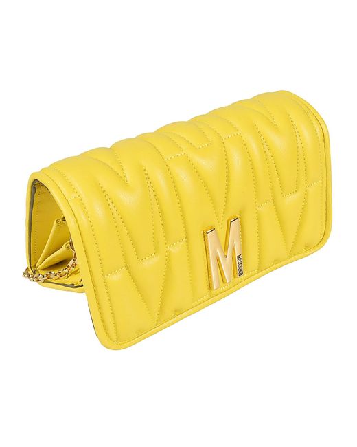 Moschino Yellow M Plaque Quilted Flap Chain Shoulder Bag