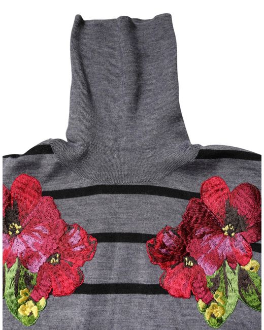 Dolce & Gabbana Black Gray Floral Embroidery Pullover Sweater