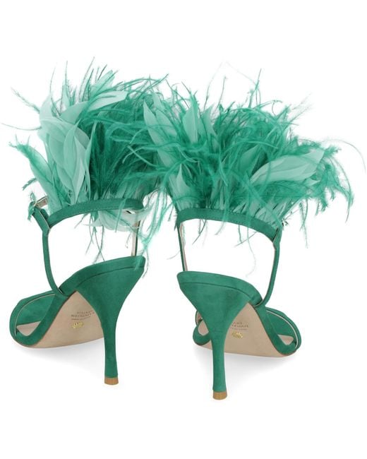 Stuart Weitzman Green Plume Suede Sandals Leather