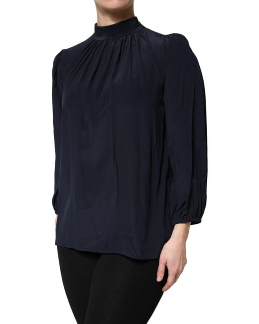 Dolce & Gabbana Blue Silk Mock Neck Long Sleeves Blouse Top