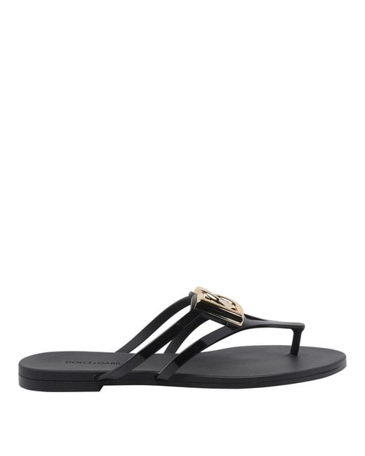 Dolce & Gabbana Black Dolce&Gabbana Rubber Beachwear Thong With Logo