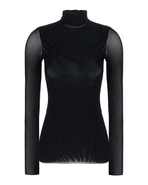 Le Plain Black Top Mesh High-Neck Tops