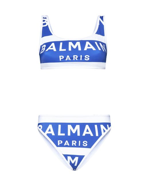 Balmain Blue Macro Logo-tape Striped Bikini