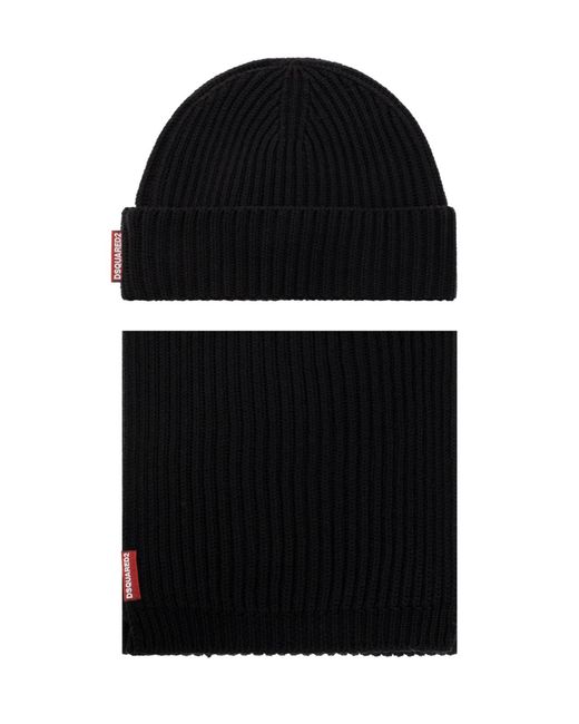 DSquared² Black Warmy Logo Tag Beanie And Scarf Set Accessories for men