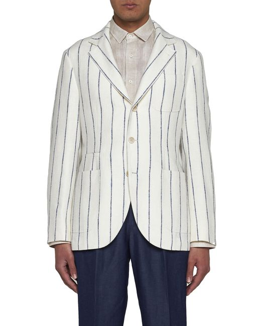 Brunello Cucinelli White Pinstriped Linen-blend Single-breasted Blazer for men