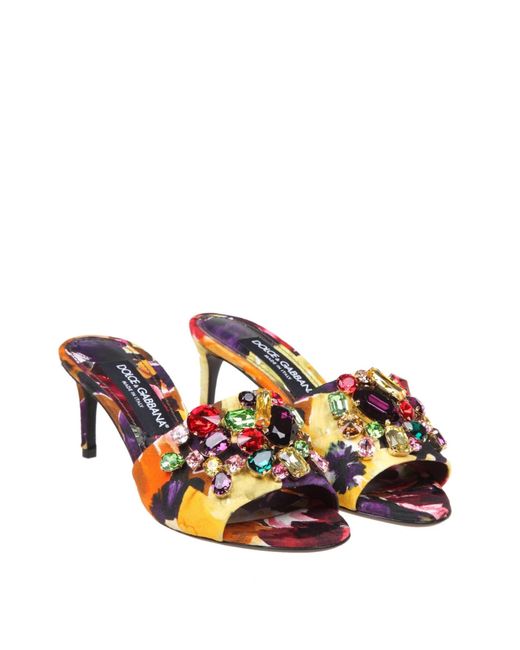 Dolce & Gabbana Brown Slippers In Brocade Fabric With Colored Stones